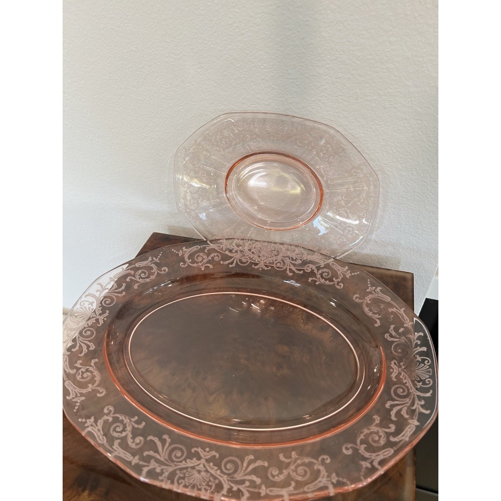 Vintage Fostoria Versailles Pink Etched Oval Serving Platters Set of 2 Elegant